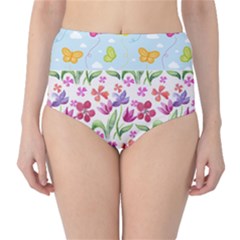 Watercolor Flowers And Butterflies Pattern High-waist Bikini Bottoms by TastefulDesigns