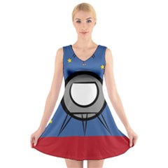 A Rocket Ship Sits On A Red Planet With Gold Stars In The Background V-neck Sleeveless Skater Dress by Simbadda