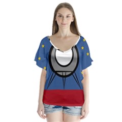 A Rocket Ship Sits On A Red Planet With Gold Stars In The Background Flutter Sleeve Top by Simbadda