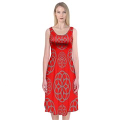 Geometric Circles Seamless Pattern On Red Background Midi Sleeveless Dress by Simbadda