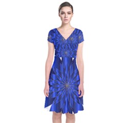 Chromatic Flower Blue Star Short Sleeve Front Wrap Dress by Alisyart