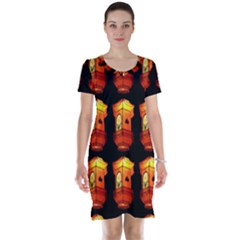 Paper Lanterns Pattern Background In Fiery Orange With A Black Background Short Sleeve Nightdress by Simbadda