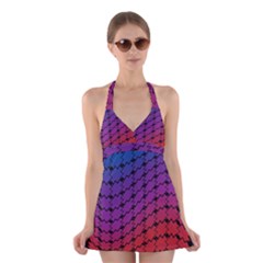 Colorful Red & Blue Gradient Background Halter Swimsuit Dress by Simbadda