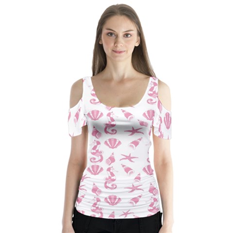 Seahorse Pattern Butterfly Sleeve Cutout Tee  by Valentinaart