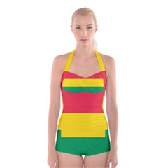 Rasta Colors Red Yellow Gld Green Stripes Pattern Ethiopia Boyleg Halter Swimsuit  by yoursparklingshop
