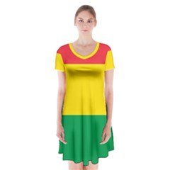 Rasta Colors Red Yellow Gld Green Stripes Pattern Ethiopia Short Sleeve V-neck Flare Dress by yoursparklingshop