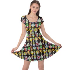 Colorful Cute Monsters On Black Pattern Cap Sleeve Dress by CoolDesigns
