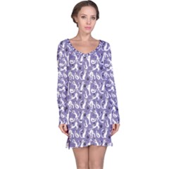 Blue Pattern With Cute White Cats Long Sleeve Nightdress by CoolDesigns