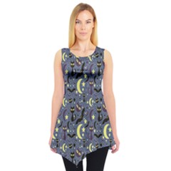 Blue Cute Pattern Night Life Cats And Bats Sleeveless Tunic Top by CoolDesigns