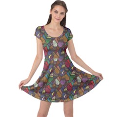 Colorful Pattern Abstract Feathers Cap Sleeve Dress