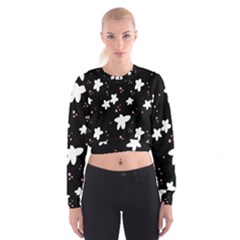 Square Pattern Black Big Flower Floral Pink White Star Women s Cropped Sweatshirt by Alisyart