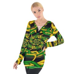 Green Yellow Fractal Vortex In 3d Glass Women s Tie Up Tee by Simbadda