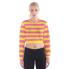 Horizontal Pink Yellow Line Women s Cropped Sweatshirt by Mariart