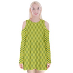 Polka Dot Green Yellow Velvet Long Sleeve Shoulder Cutout Dress by Mariart