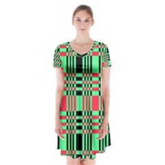 Bright Christmas Abstract Background Christmas Colors Of Red Green And Black Make Up This Abstract Short Sleeve V-neck Flare Dress by Simbadda
