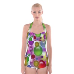 Colored Bubbles Squares Background Boyleg Halter Swimsuit  by Nexatart