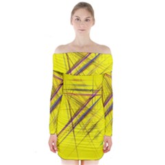 Fractal Color Parallel Lines On Gold Background Long Sleeve Off Shoulder Dress by Nexatart