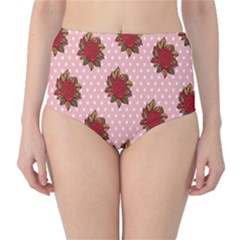 Pink Polka Dot Background With Red Roses High-waist Bikini Bottoms by Nexatart