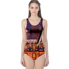 House In Winter Decoration One Piece Swimsuit by Nexatart