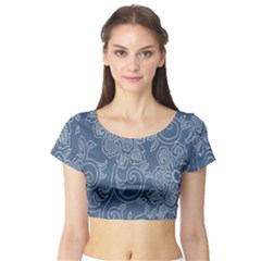 Flower Floral Blue Rose Star Short Sleeve Crop Top (tight Fit) by Mariart