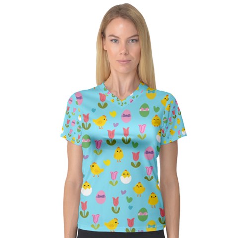 Easter - Chick And Tulips Women s V-neck Sport Mesh Tee by Valentinaart