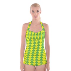 Arrow Triangle Green Yellow Boyleg Halter Swimsuit  by Mariart