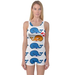 Fish Animals Whale Blue Orange Love One Piece Boyleg Swimsuit by Mariart