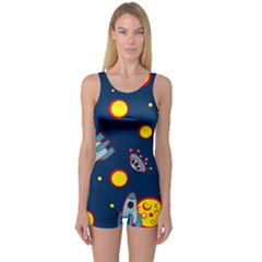 Rocket Ufo Moon Star Space Planet Blue Circle One Piece Boyleg Swimsuit by Mariart