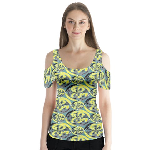 Black And Yellow Pattern Butterfly Sleeve Cutout Tee  by linceazul