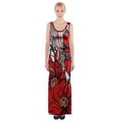 Red Flowers Pattern Maxi Thigh Split Dress by TastefulDesigns