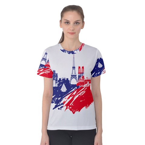 Eiffel Tower Monument Statue Of Liberty France England Red Blue Women s Cotton Tee by Mariart