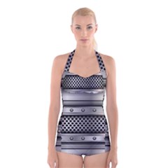 Iron Content Hole Mix Polka Dot Circle Silver Boyleg Halter Swimsuit  by Mariart