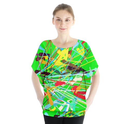 Colorful Painting On A Green Background                 Batwing Chiffon Blouse by LalyLauraFLM