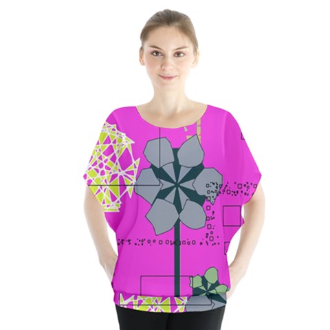 Flowers And Squares                 Batwing Chiffon Blouse by LalyLauraFLM