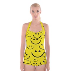 Linus Smileys Face Cute Yellow Boyleg Halter Swimsuit  by Mariart