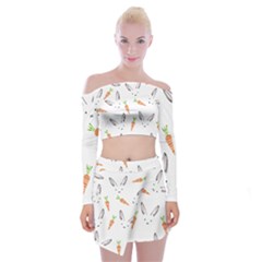 Rabbit Carrot Pattern Weft Step Face Off Shoulder Top With Skirt Set by Mariart