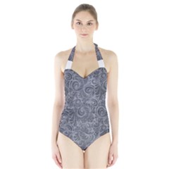 Grey Romantic Flower Pattern Denim Halter Swimsuit by Ivana