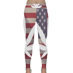 Flag American Star Blue Line White Red Marijuana Leaf Classic Yoga Leggings by Mariart