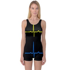 Heart Monitor Screens Pulse Trace Motion Black Blue Yellow Waves One Piece Boyleg Swimsuit by Mariart