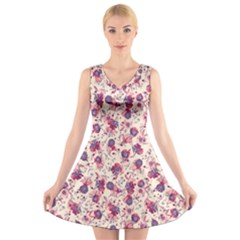 Floral Pattern V-neck Sleeveless Skater Dress by ValentinaDesign