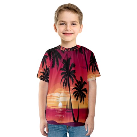 Nature Palm Trees Beach Sea Boat Sun Font Sunset Fabric Kids  Sport Mesh Tee by Mariart
