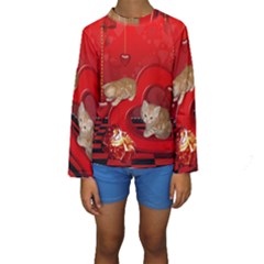 Cute, Playing Kitten With Hearts Kids  Long Sleeve Swimwear by FantasyWorld7