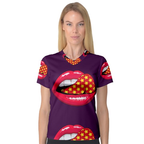 Lip Vector Hipster Example Image Star Sexy Purple Red Women s V-neck Sport Mesh Tee by Mariart