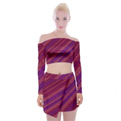 Maroon Striped Texture Off Shoulder Top With Skirt Set by Mariart