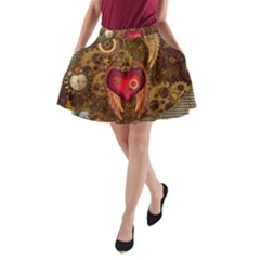 Steampunk Golden Design, Heart With Wings, Clocks And Gears A-line Pocket Skirt by FantasyWorld7