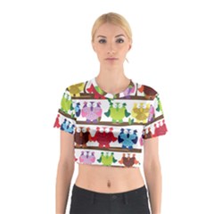 Funny Owls Sitting On A Branch Pattern Postcard Rainbow Cotton Crop Top by Mariart