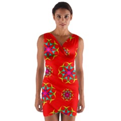 Rainbow Colors Geometric Circles Seamless Pattern On Red Background Wrap Front Bodycon Dress by BangZart
