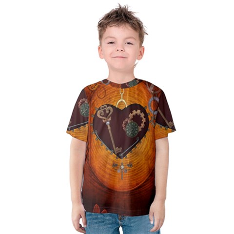 Steampunk, Heart With Gears, Dragonfly And Clocks Kids  Cotton Tee by FantasyWorld7
