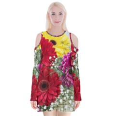 Flowers Gerbera Floral Spring Velvet Long Sleeve Shoulder Cutout Dress by BangZart