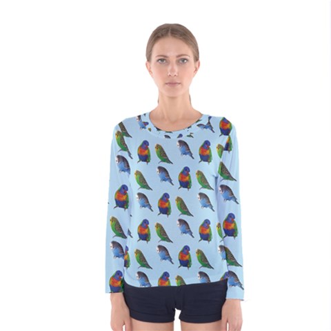 Blue Birds Parrot Pattern Women s Long Sleeve Tee by paulaoliveiradesign
